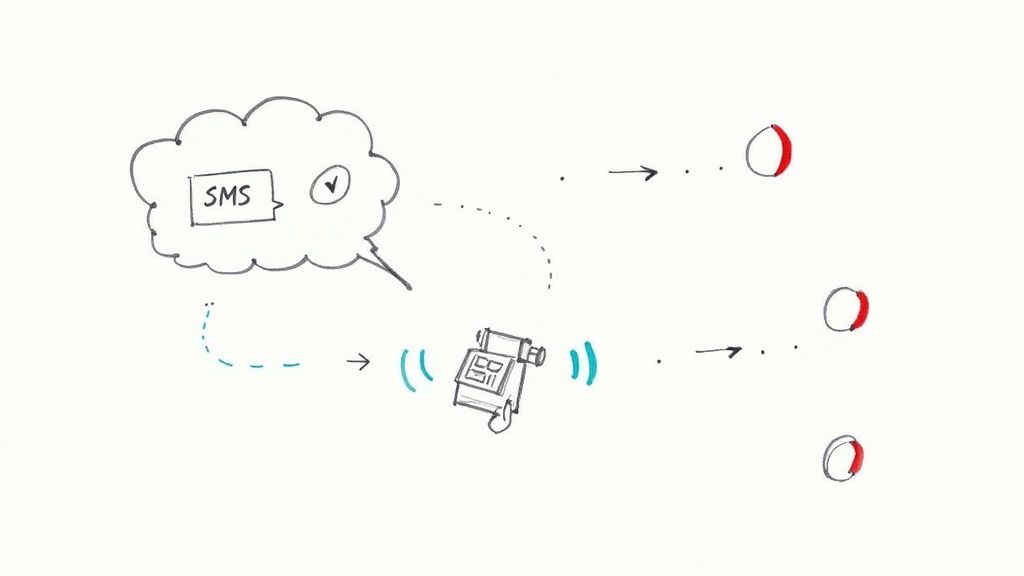 A person's hand holding a smartphone displaying a series of automated text messages and notifications, illustrating an advanced messaging workflow.