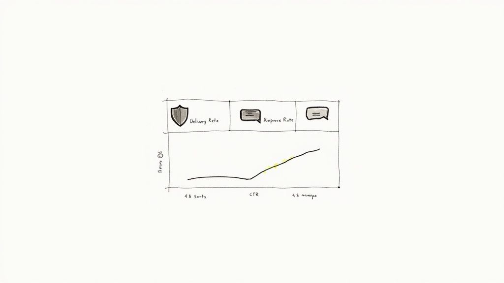An analytics dashboard showing performance metrics like delivery rates, response rates, and click-through rates for an SMS campaign.