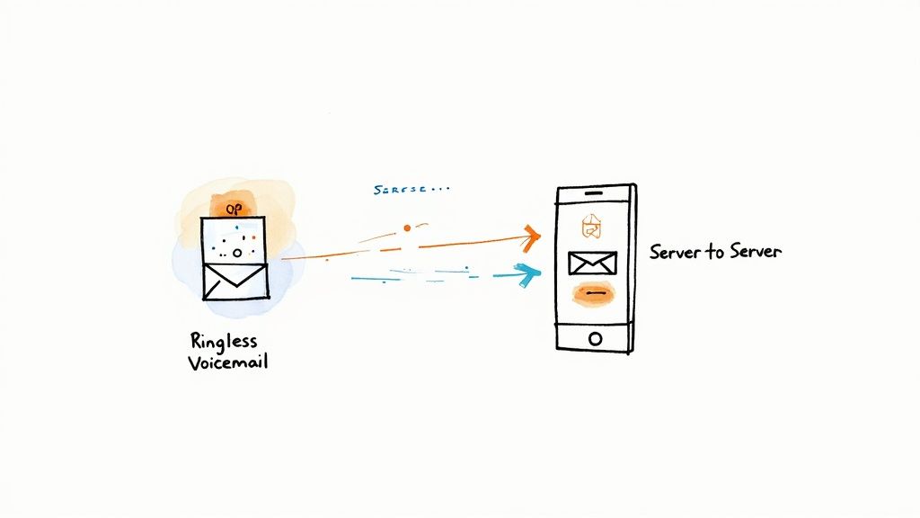 A person sending a voicemail directly from their computer to a phone, showing the non-intrusive nature of ringless voicemail.