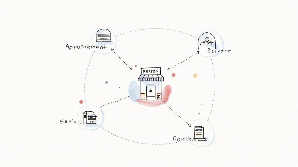 A business owner smiles while texting a customer on their computer, with their landline phone visible on the desk.
