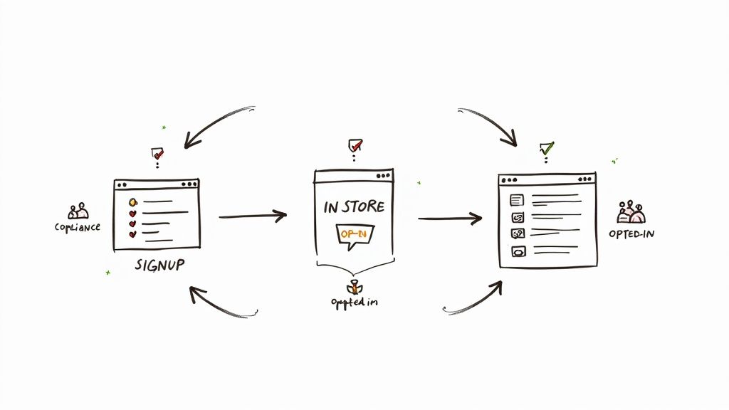 A diverse group of happy customers looking at their phones, signifying they have opted-in to receive messages.