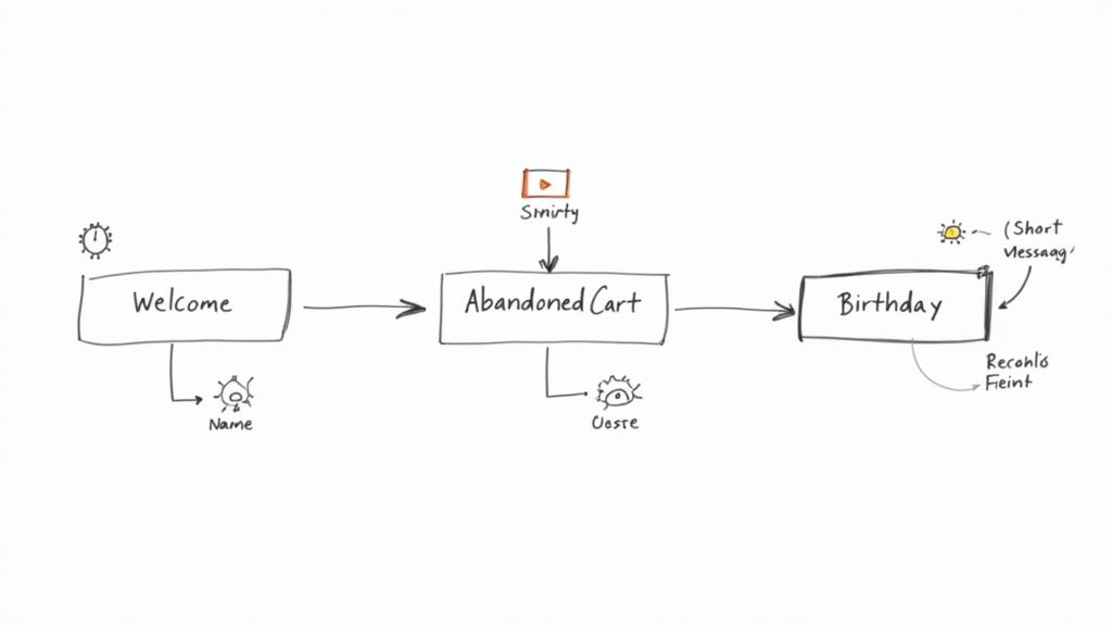 A small business owner smiling at a laptop, with automated workflow icons floating around, symbolizing efficiency.