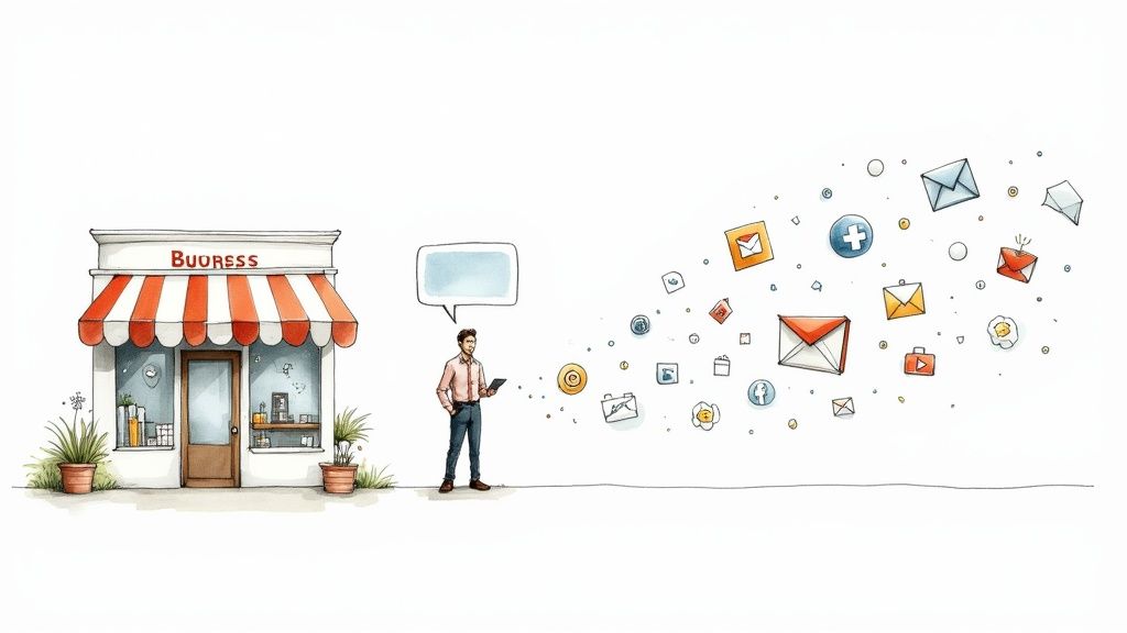 A person holding a smartphone, happily reading a text message, with notification icons in the background.