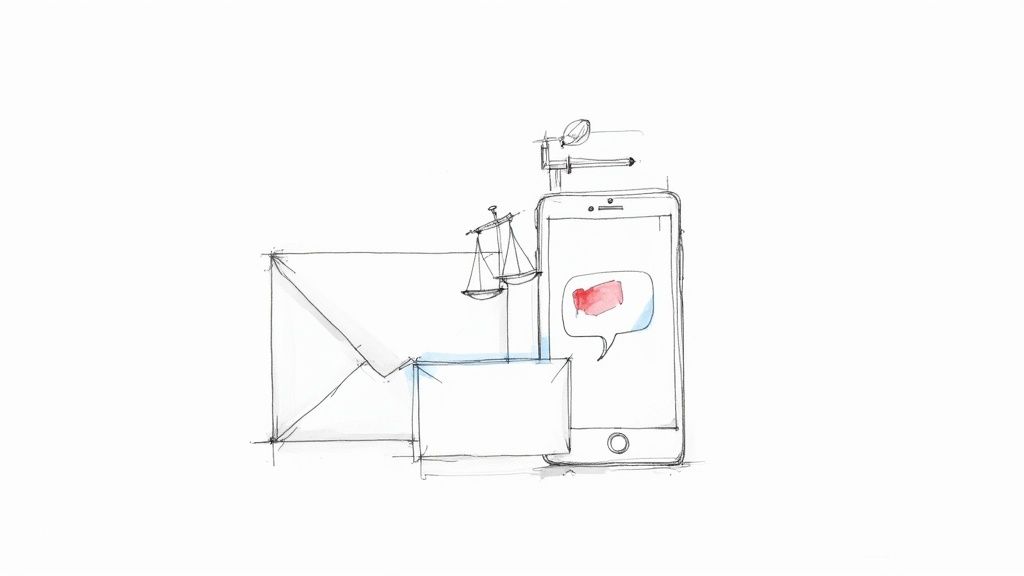 A smartphone displaying text message bubbles next to a judge's gavel on a wooden desk, symbolizing digital evidence in a legal setting.