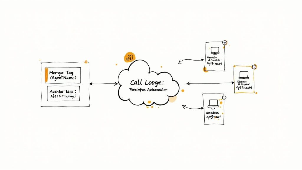 A user interface showing an automated workflow for adding text message signatures in Call Loop.