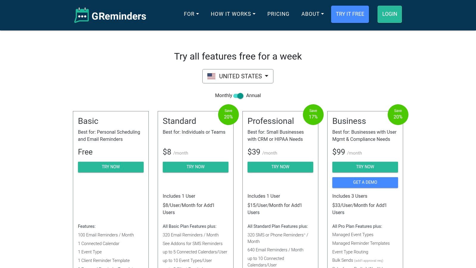 GReminders dashboard showing upcoming appointments and reminder settings.