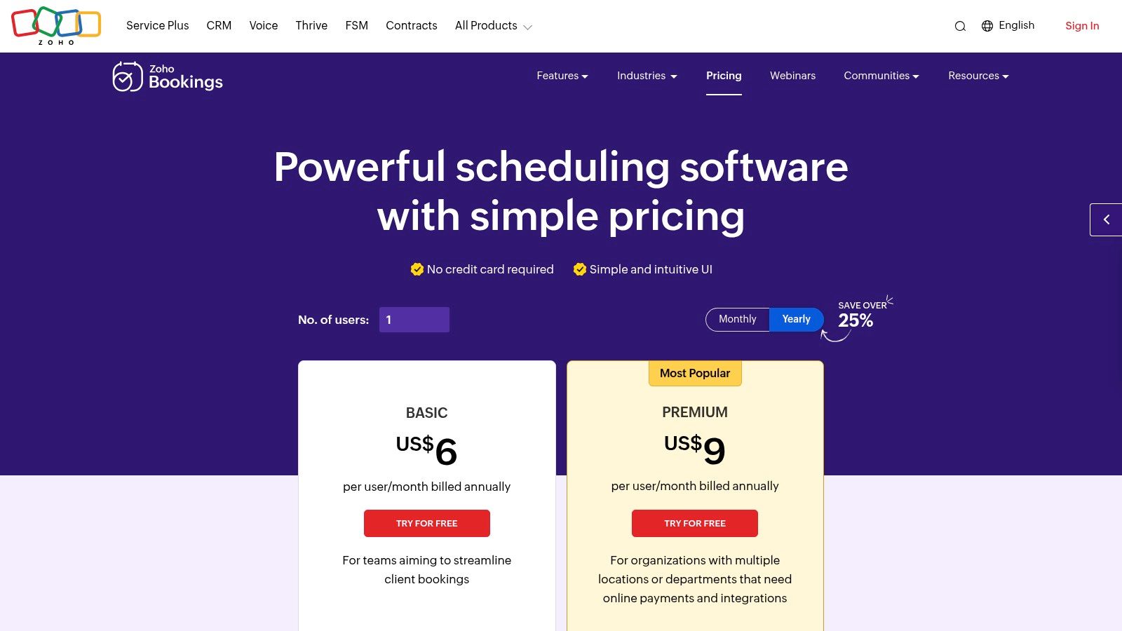 Zoho Bookings interface showing workspaces and services.