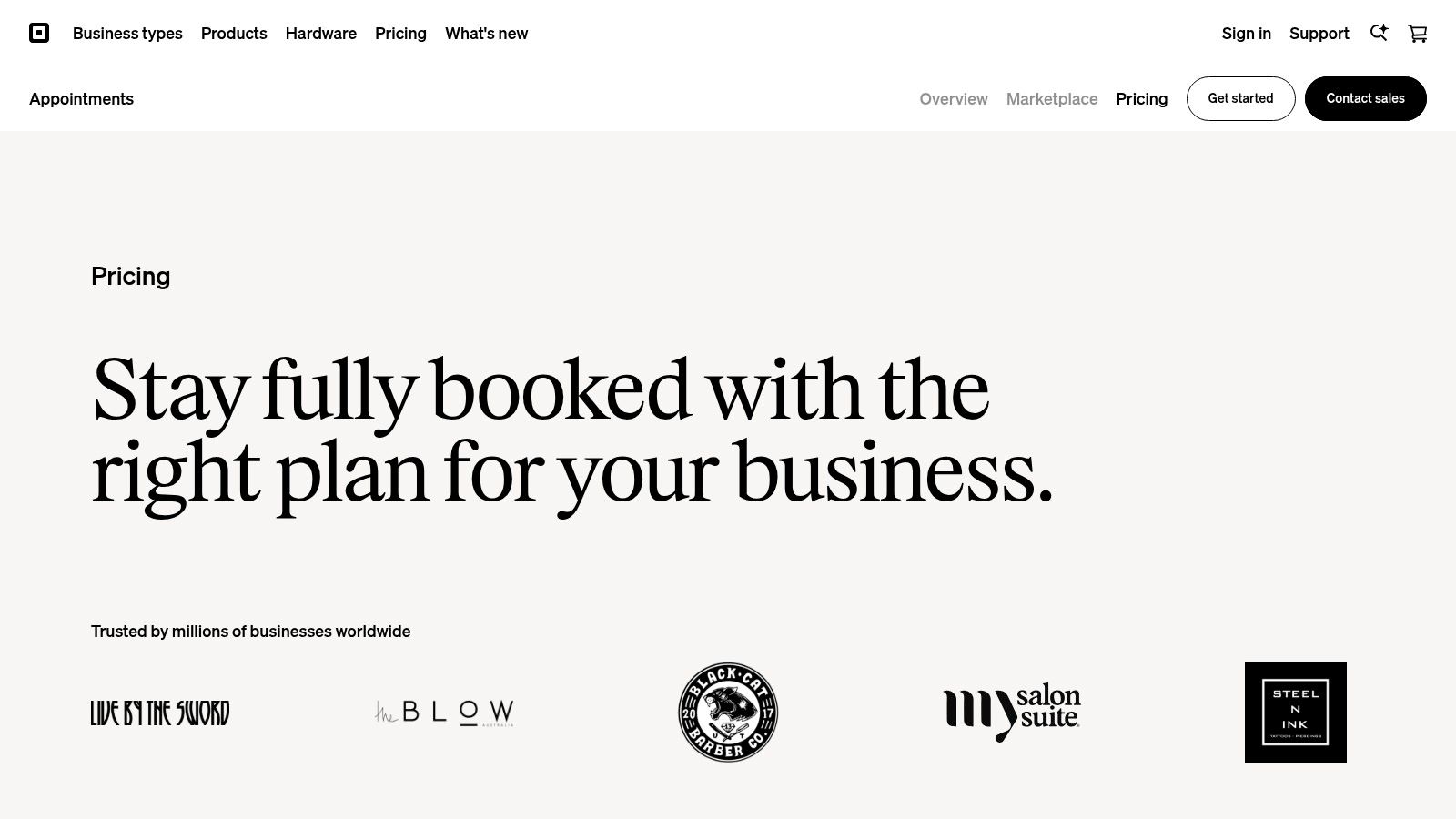 Square Appointments dashboard showing calendar, client list, and sales analytics.