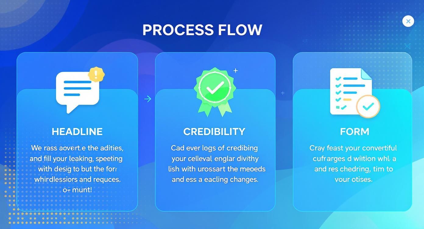 Three-step process flow diagram showing headline, credibility badge, and form completion stages