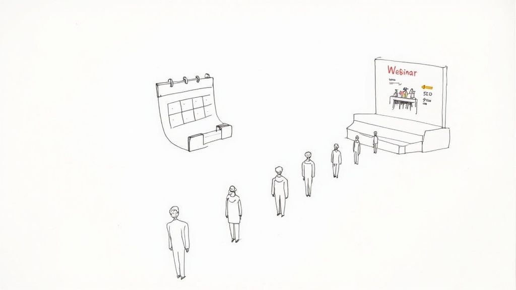 People walking from calendar toward stage with webinar presentation showing attendee registration process