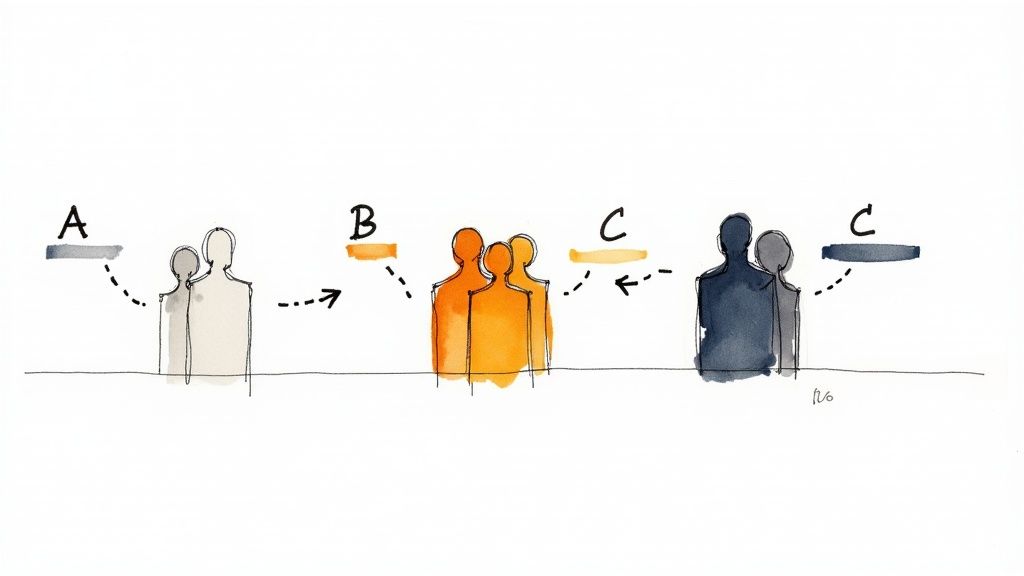 Three audience segments labeled A, B, and C showing targeted messaging and customer segmentation strategy