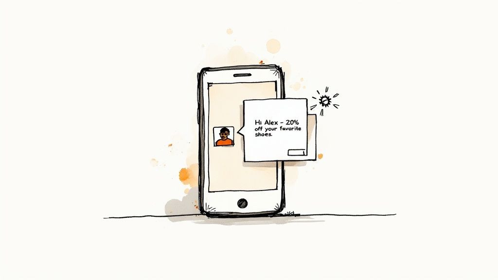 Smartphone displaying personalized promotional text message notification offering twenty percent discount to customer