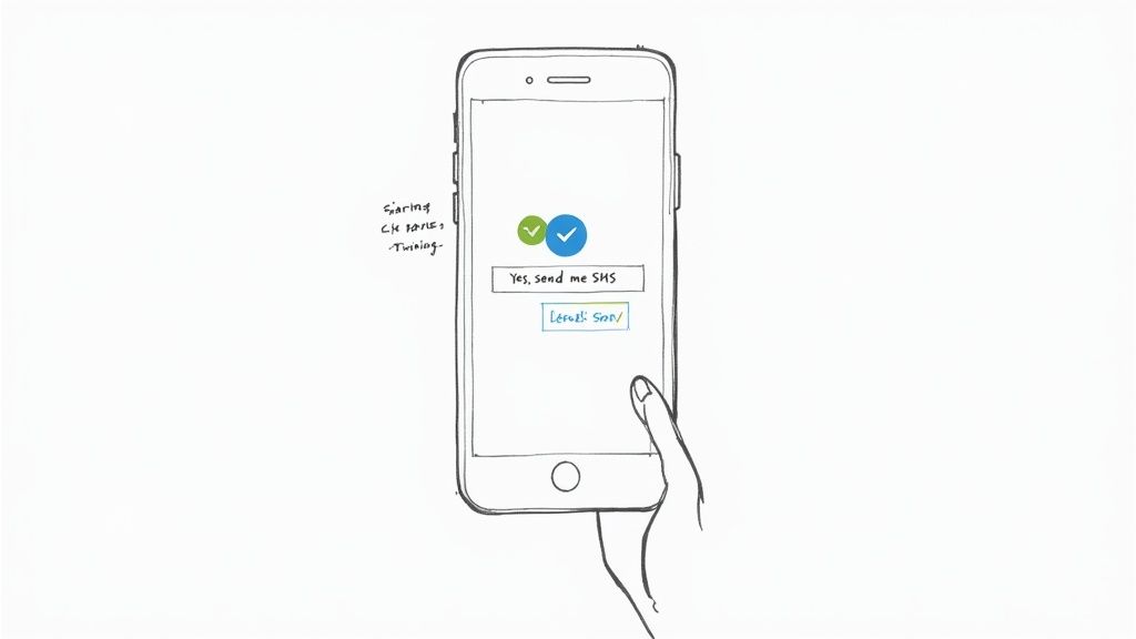 Hand holding smartphone displaying SMS marketing opt-in screen with consent checkboxes and send button