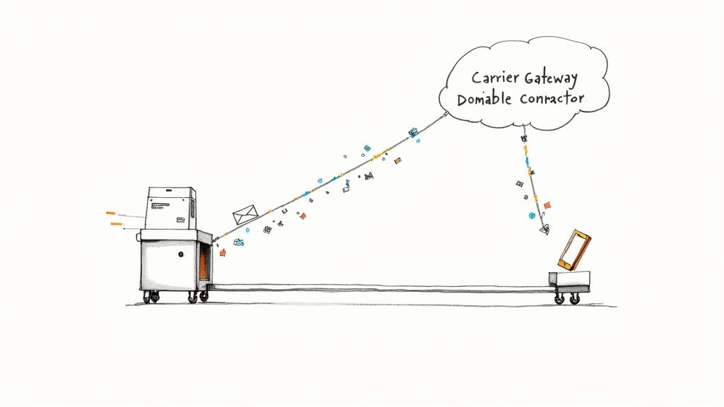 Hand-drawn diagram showing data flowing from a machine to a mobile phone via a carrier gateway cloud.