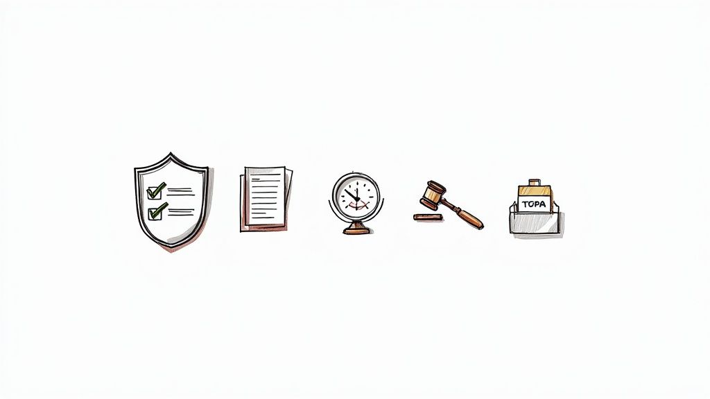 A row of hand-drawn legal and compliance icons: shield, documents, clock, gavel, and 'TOPA' file.