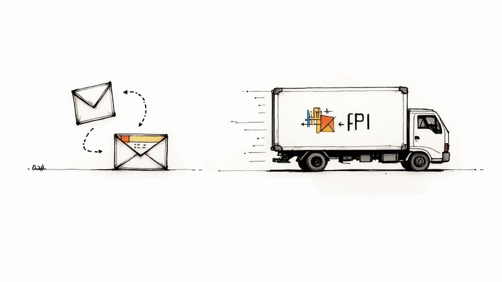Illustration of an email being sent into an inbox next to a delivery truck moving quickly.
