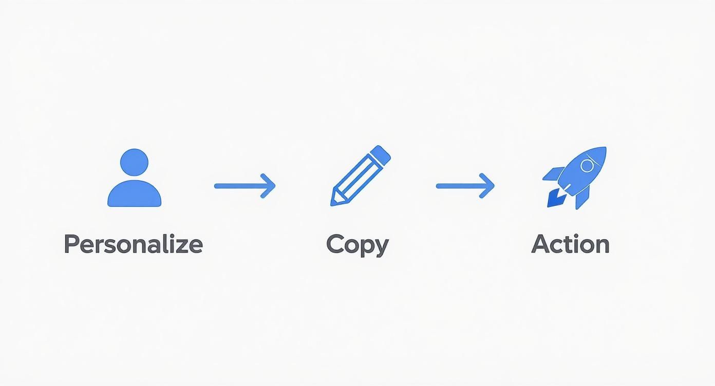 A full-width, clean and modern graphic showing three core elements of an effective text message campaign. The graphic is divided into three sections from left to right. The first section has a user icon with the text PERSONALIZATION. The second section shows a pencil icon with the text CONCISE COPY. The third section features a rocket icon with the text CLEAR CTA. The background is a light gray, and the icons and text use a professional blue color scheme.