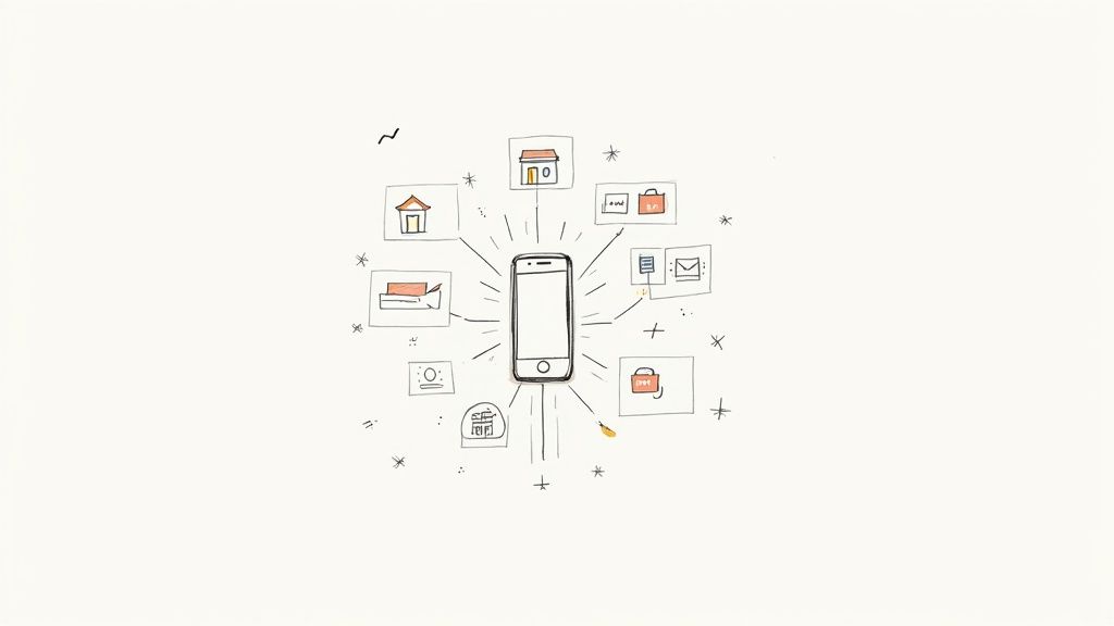 A hand-drawn smartphone serves as a central hub, connecting to various services like home, shopping, and messaging.