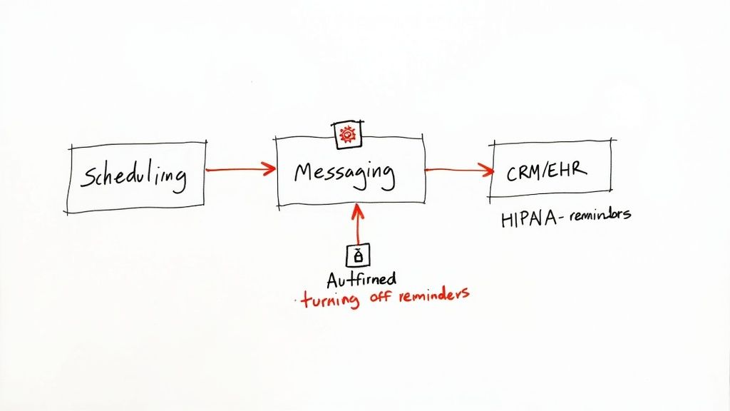 A diagram illustrating the flow from scheduling to messaging and CRM/EHR, detailing appointment reminders and confirmation.
