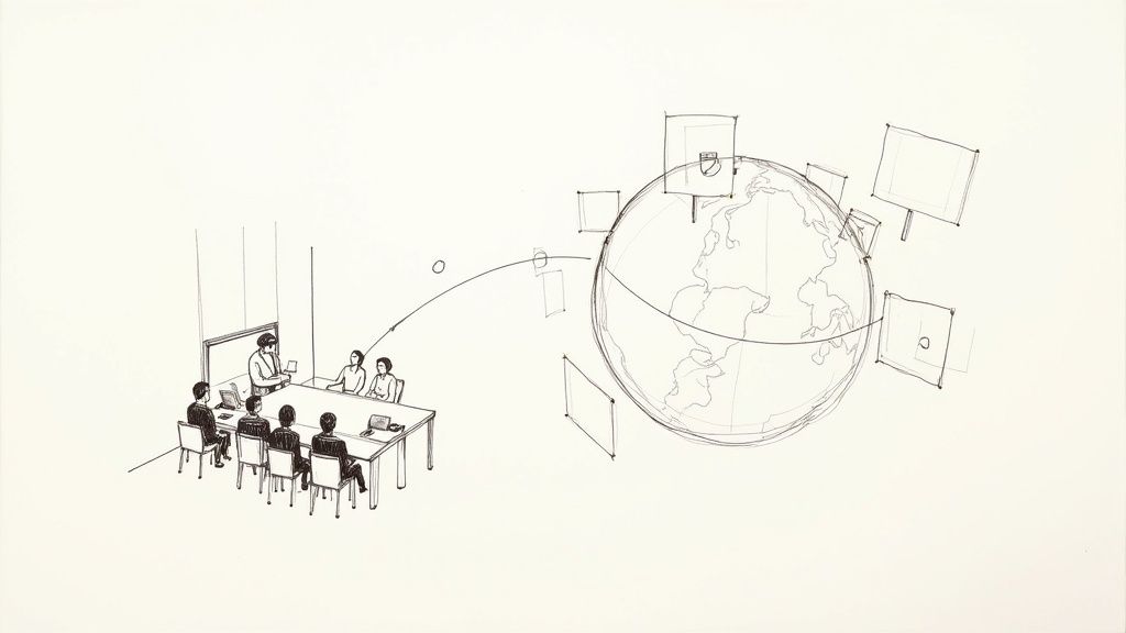 A meeting in a room linked to a globe surrounded by screens, symbolizing global communication.