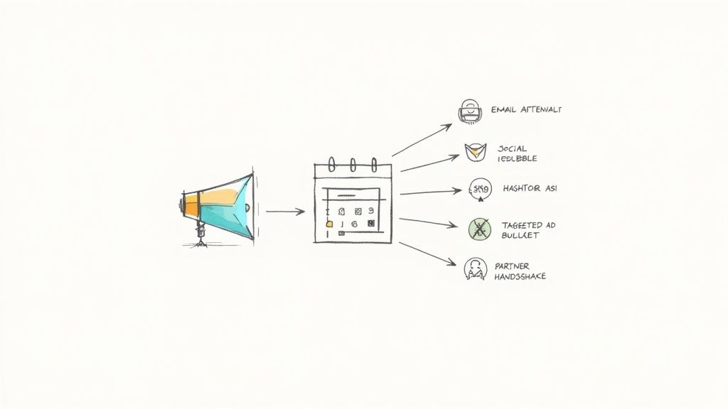 Diagram illustrates event promotion, showing a megaphone directing to a calendar with multiple marketing channels.