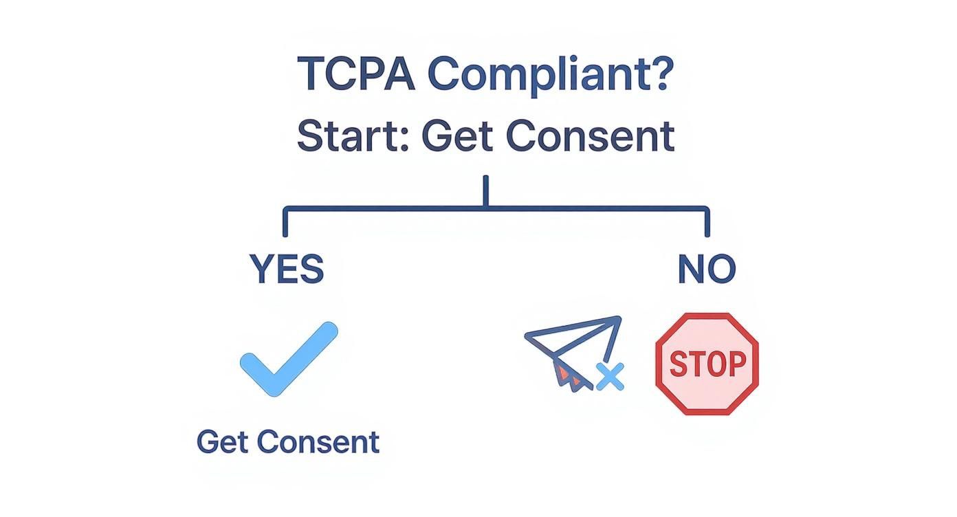 Flowchart on TCPA compliance, showing 'Get Consent' as the start. If compliant, get consent; if not, stop.