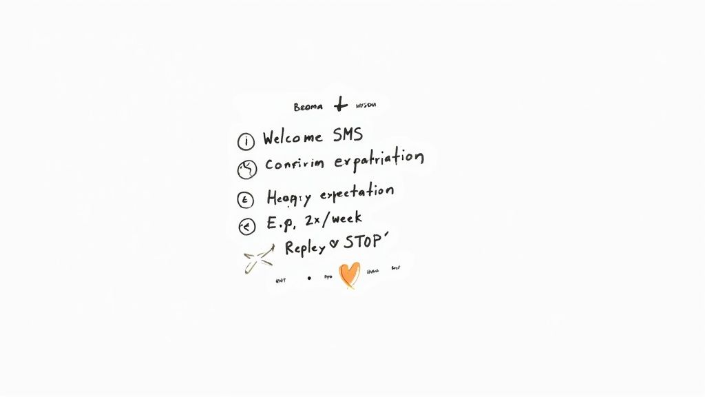 A handwritten checklist on a white background, outlining steps for welcome SMS and expatriation.