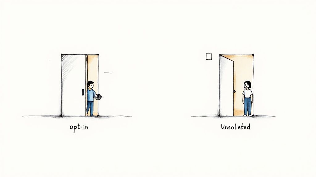 Two illustrations contrasting "opt-in" (man offering food) and "unsolicited" (woman at an open door).