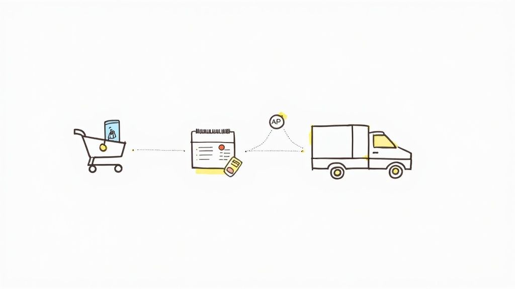 A simple diagram showing a supply chain or delivery process with a shopping cart, document, AP, and truck.