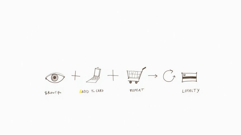 A diagram illustrating the customer journey: browse, add to cart, repeat purchases, leading to loyalty.