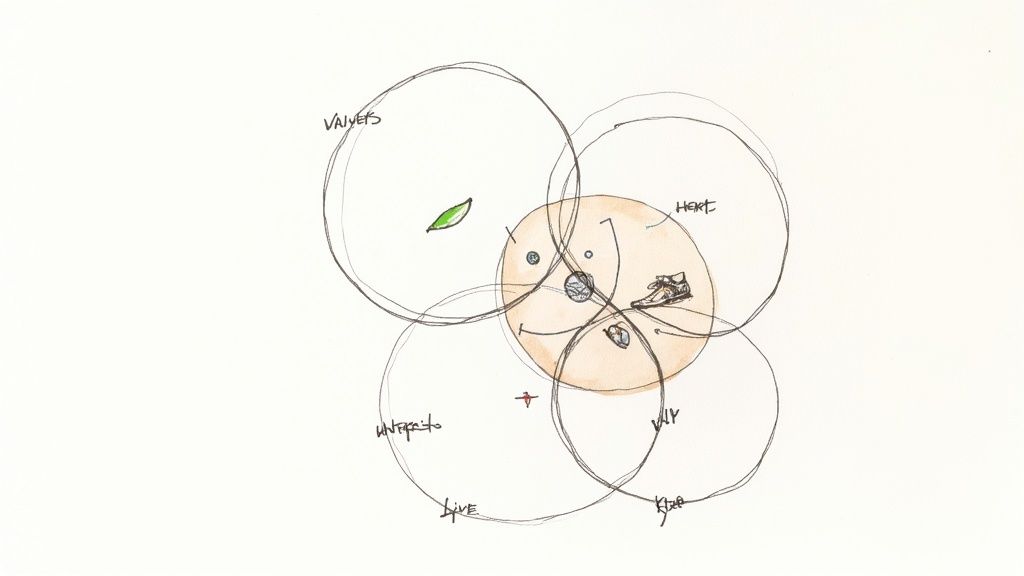 Hand-drawn conceptual diagram with four overlapping circles, text labels, and small illustrations.