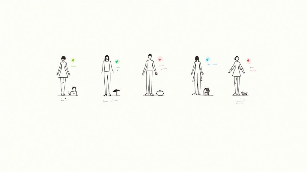 Illustrations of diverse individuals, each with unique items and colored thought bubbles.