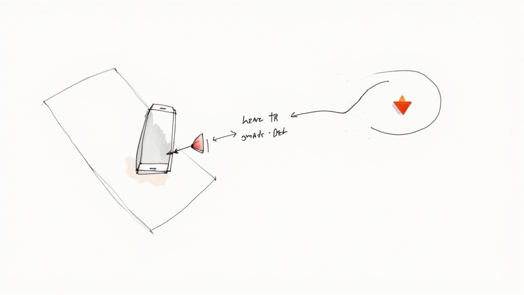 A hand-drawn sketch showing a smartphone, arrows, and red triangles illustrating a smart delivery concept.