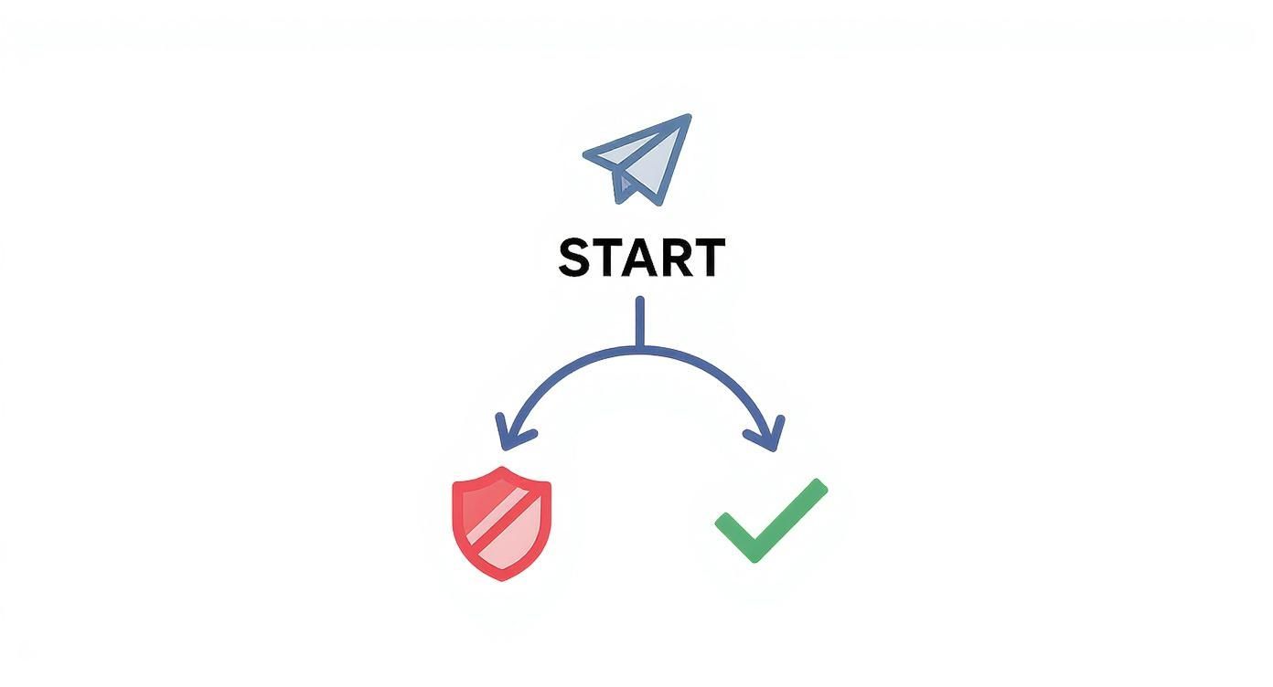 A paper airplane above the word START, branching into a red shield and a green checkmark, symbolizing delivery outcomes.