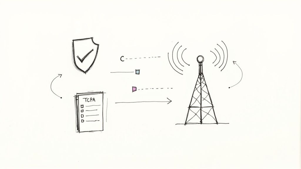 Illustration of a voice broadcasting service adhering to TCPA regulations and security standards via a radio tower.