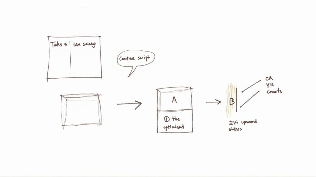 Hand-drawn diagram illustrating a multi-step data or process flow with various labeled components.
