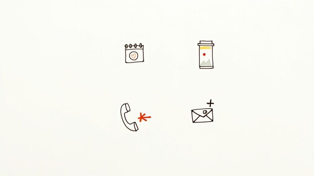 Hand-drawn icons depicting a calendar, medicine bottle, phone call, and new message, relevant to healthcare reminders.
