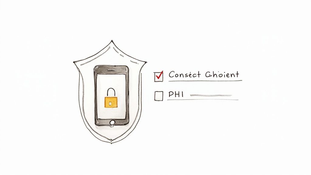 A shield protects a locked smartphone next to 'PHI' checkbox, representing healthcare data security.