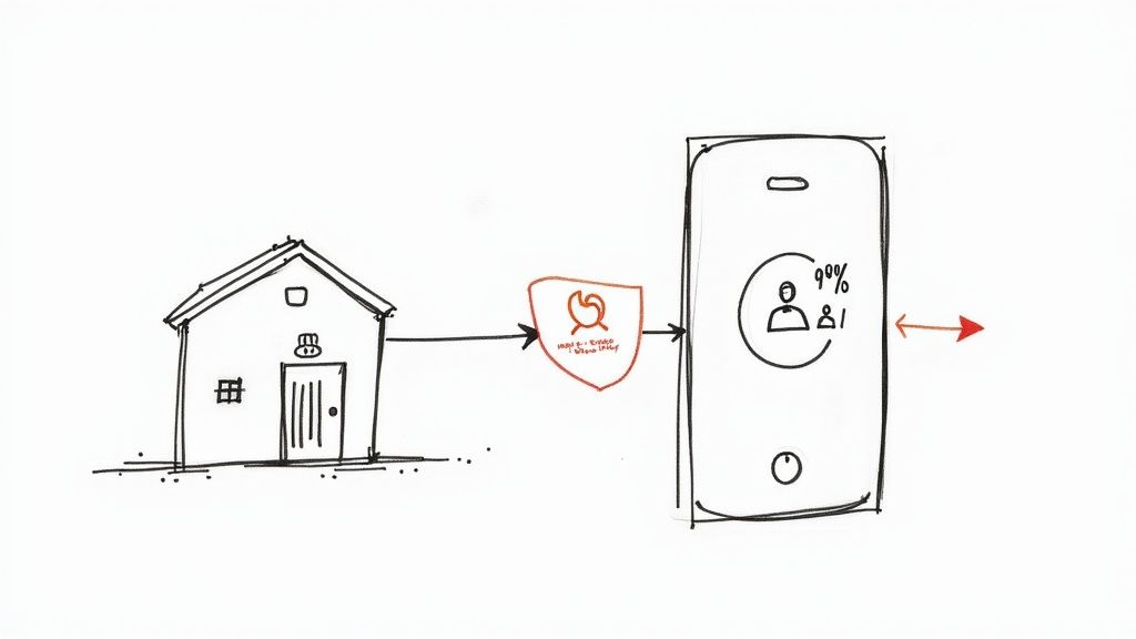 A hand-drawn diagram illustrates a smart home system with a security shield connecting to a smartphone app.
