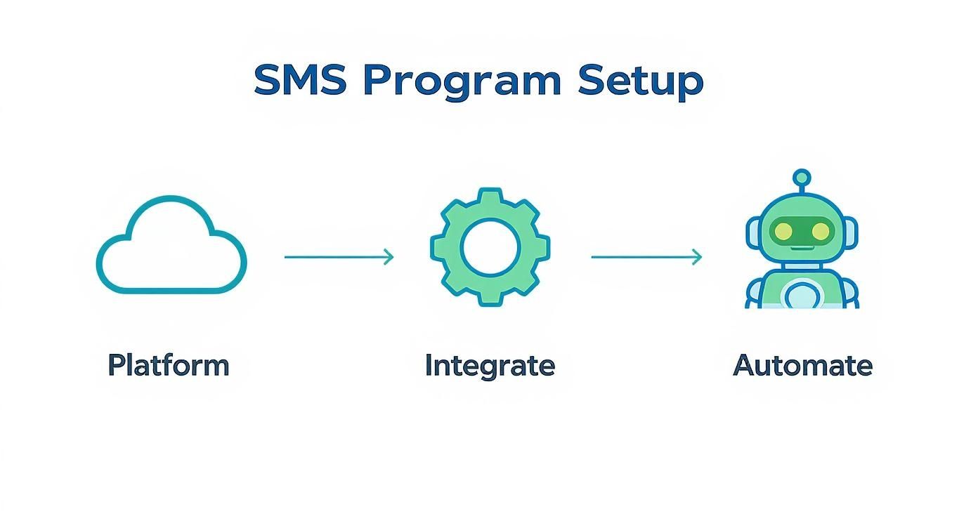 A diagram outlining the SMS program setup process, showing platform, integrate, and automate steps.