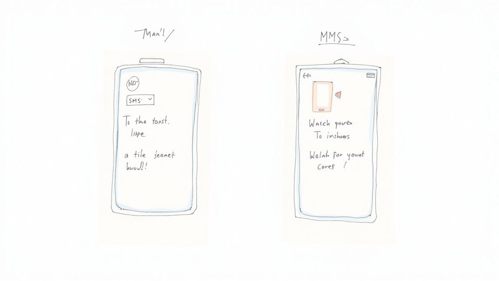 Two phone screens side-by-side illustrate the difference between SMS and MMS message types.