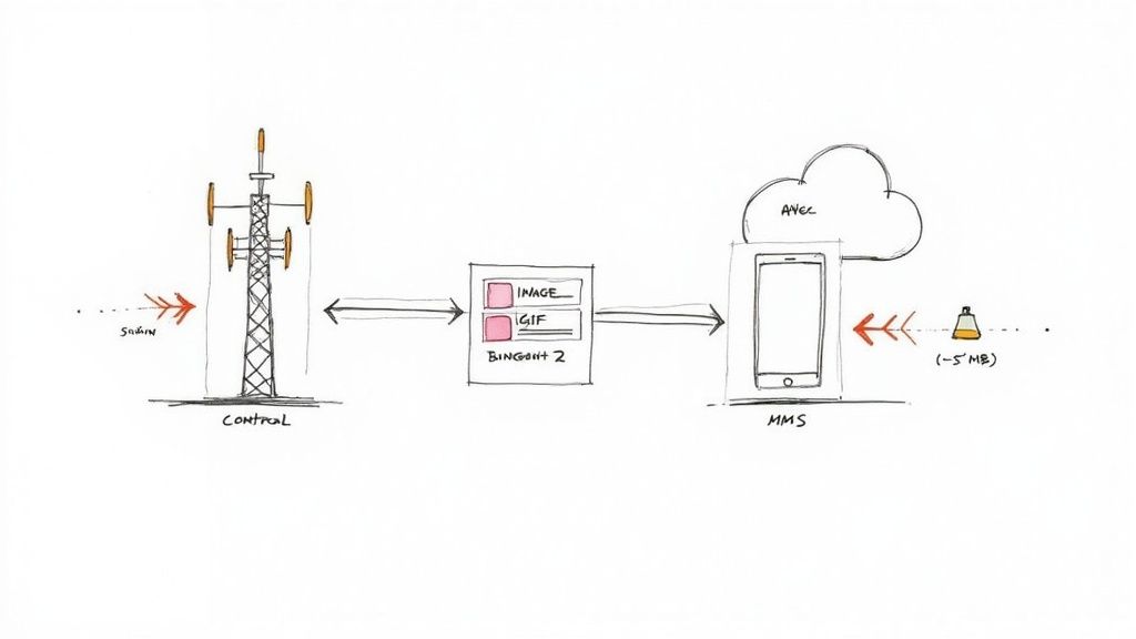 Diagram showing data flow from a control tower to a mobile phone (MMS) with image and GIF content, indicating a 5 MB limit.