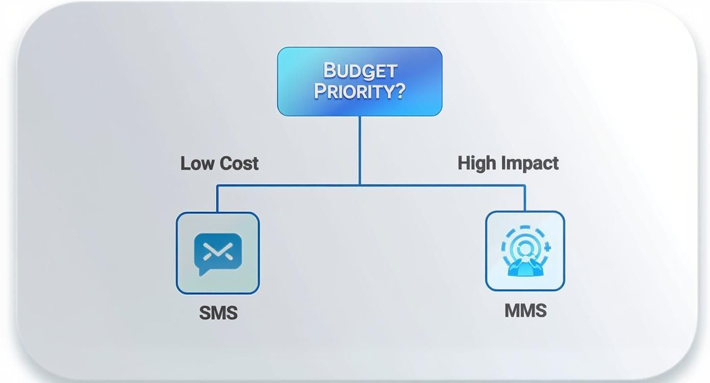 Flowchart illustrating budget priority for messaging: SMS for low cost, MMS for high impact.