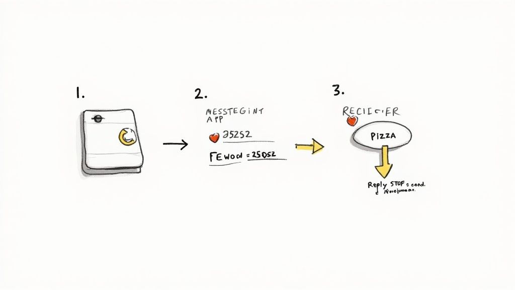 A three-step diagram illustrating the process of sending a message to a 5-digit number and receiving a reply.