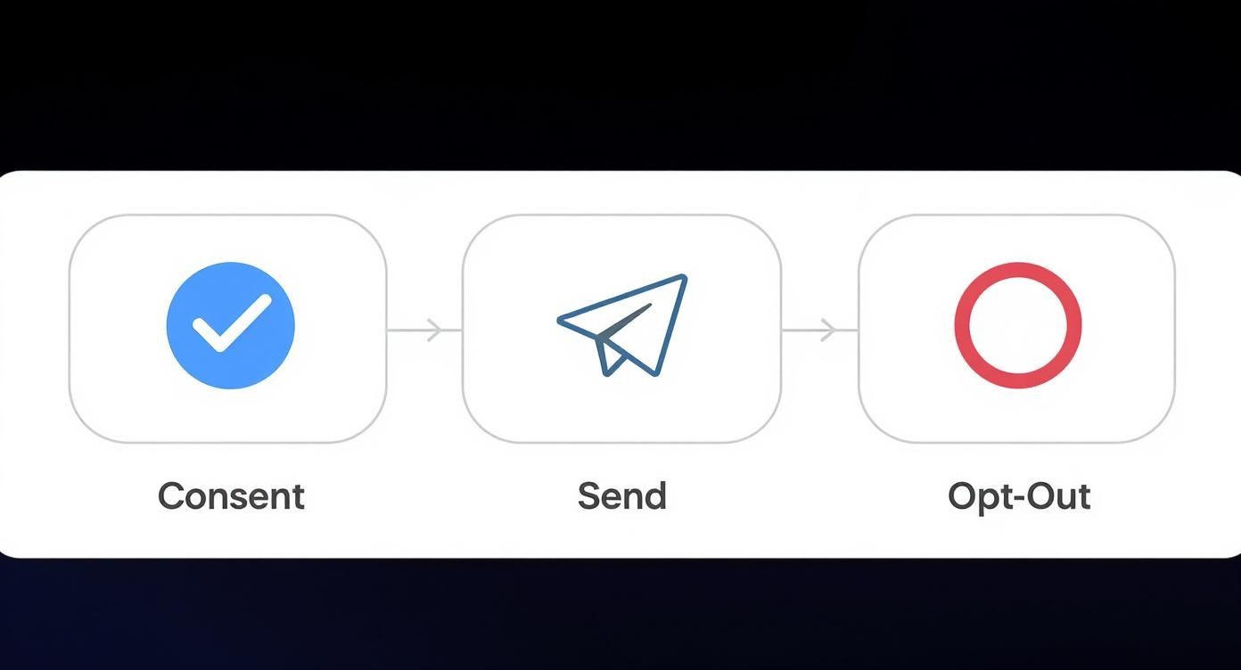 A three-step diagram showing Consent with a checkmark, Send with a paper plane, and Opt-Out with a red circle.