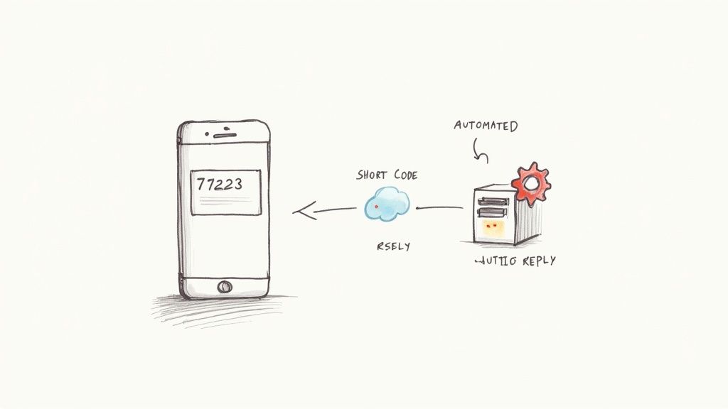 Diagram illustrating a smartphone receiving a short code (77223) from an automated reply system.