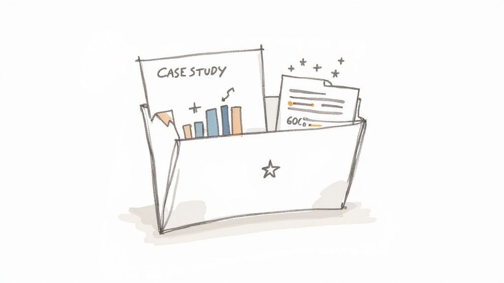 A hand-drawn illustration of a file folder containing a 'CASE STUDY' document with charts and other business papers.