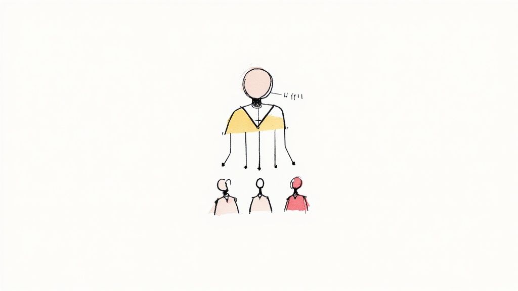 Illustrative sketch of a large figure with connections to three smaller figures, representing a hierarchical relationship.