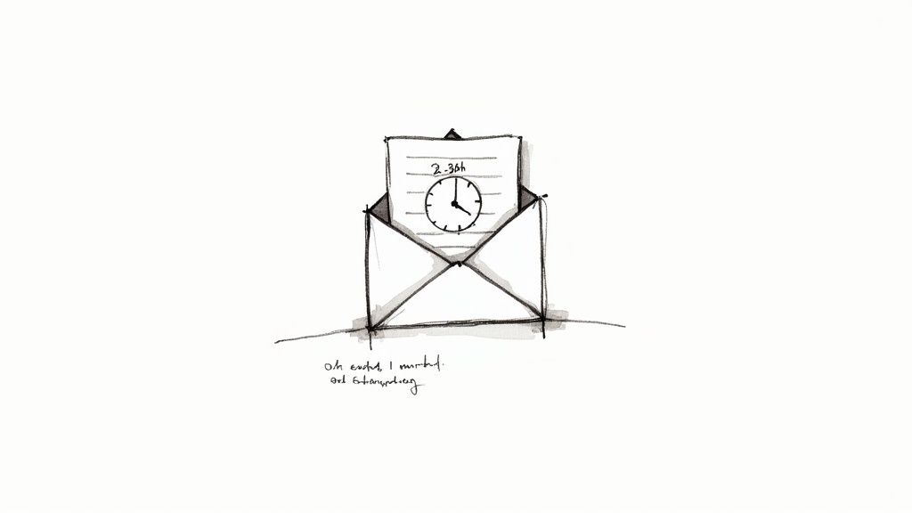 Hand-drawn sketch of an open email envelope with a clock and '24-48h' text inside.