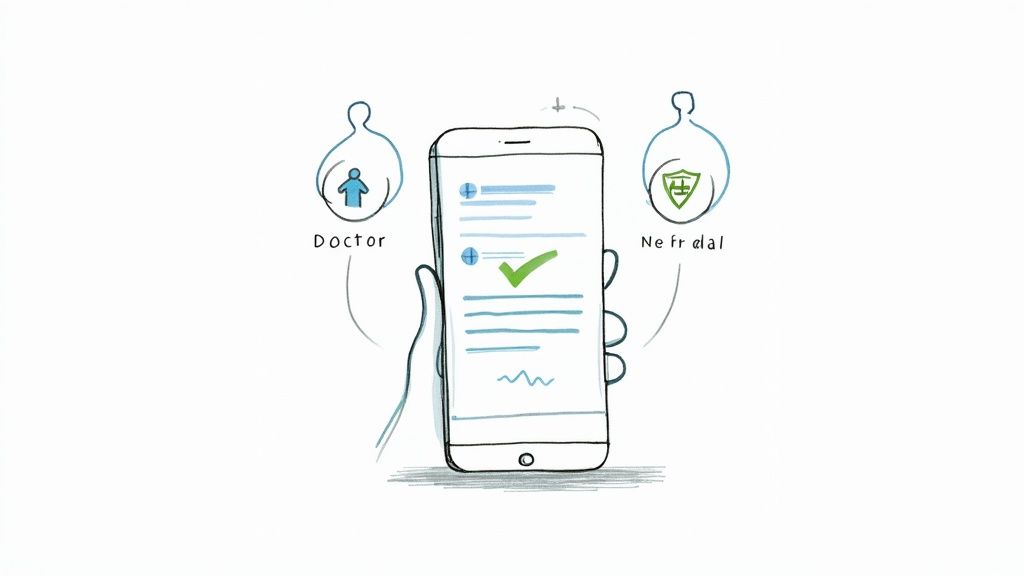 A hand holds a smartphone app connecting a doctor and a medical referral, showing a green checkmark.